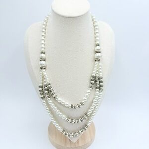 Three Strand White Glass Pearl Necklace with Crystal Accents